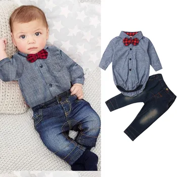 

2019 Toddler Infant Baby Boys Clothes Set Bowtie Gentleman Autumn Long Sleeve Bodysuit Tops Denim Pants Jeans Clothing 2Pcs