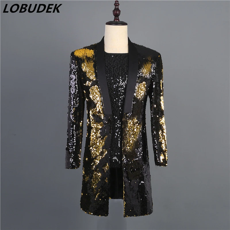 Mens Sequins Coat Jacket Dress Stage DJ Show Single Breasted Blazer Long Outwear Mens Sequins Coat Jacket Dress Stage DJ Show Single Breasted Blazer Long Outwear