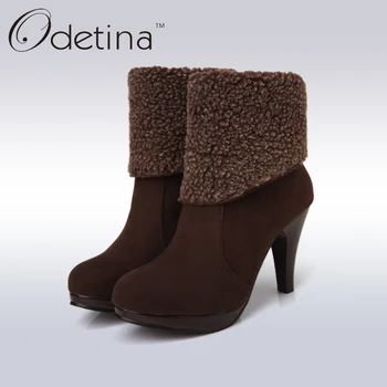 

Odetina Vintage High Heel Women Ankle Boots Brown Suede Fur Boots Large Size Women 2016 Warm Winter Boots Fashion Ladies Booties