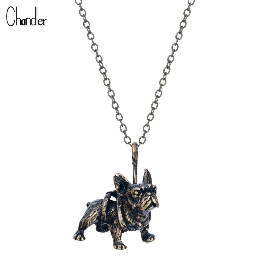 French Bulldog 3D Animal Pendant Necklace Chunky Long Chain Antique