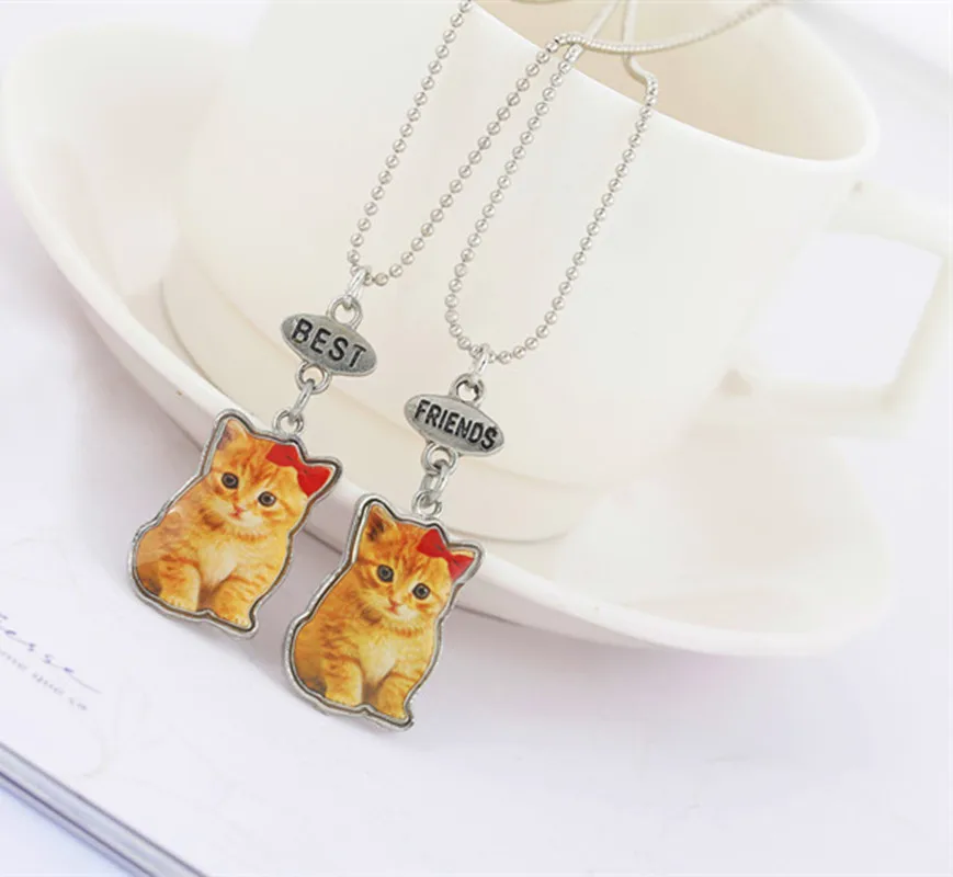 Kids jewelry children epoxy print enamel cute cat best friends BFF necklace bead chain pendant