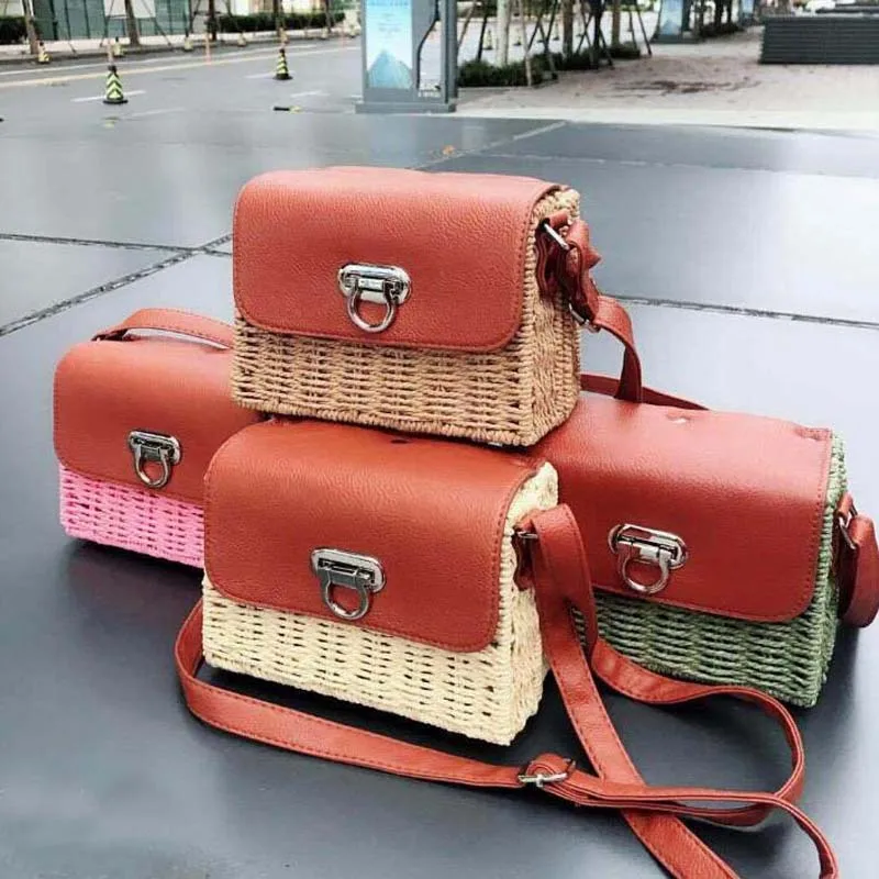 

2019 summer New fashion Women's hand shoulder diagonal package luxury rattan leather stitching handmade rattan woven