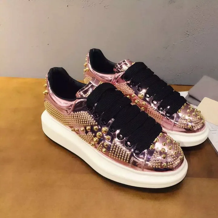 

Woman Sneakers Metallic Color Woman Shoes Front Lace Up Woman Casual Shoes Low Top Rivets Embellished Platform Woman Flats Brand