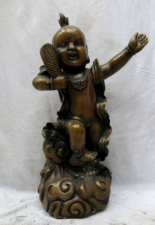 

13" China copper brass fine workmanship palm-leaf fan red boy Sculpture Statue