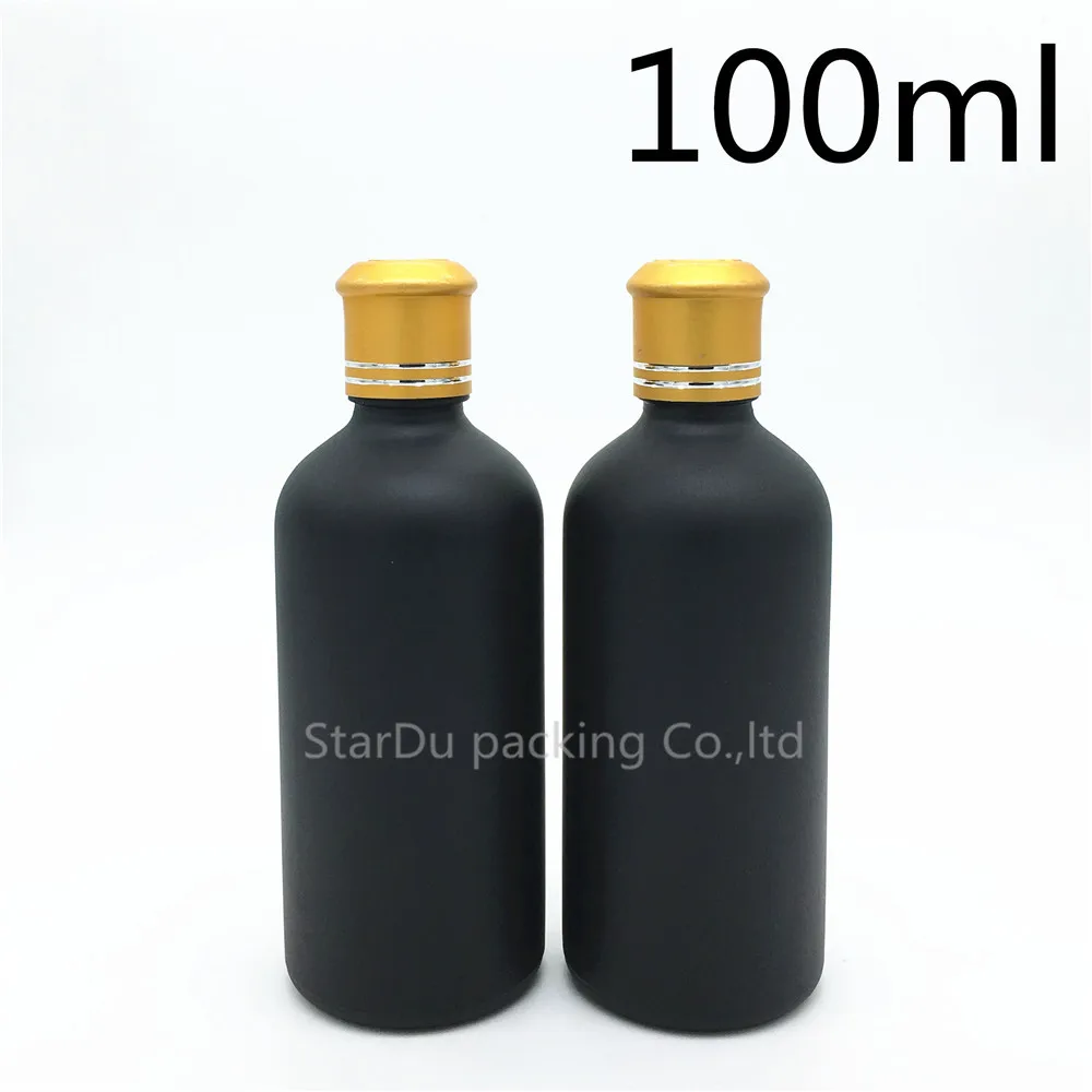 Best Free Shipping 10pcs 100ML Black Frosted Glass Bottle 100ml Vials Essential Oil Bottle with gold cover Perfume bottles