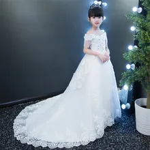 Новое Элегантное детское платье с вышивкой для девочек; кружевное платье принцессы вечерние платье для детей, достуны белый день рождения Свадебная модель подчеркивает длину платье со шлейфом