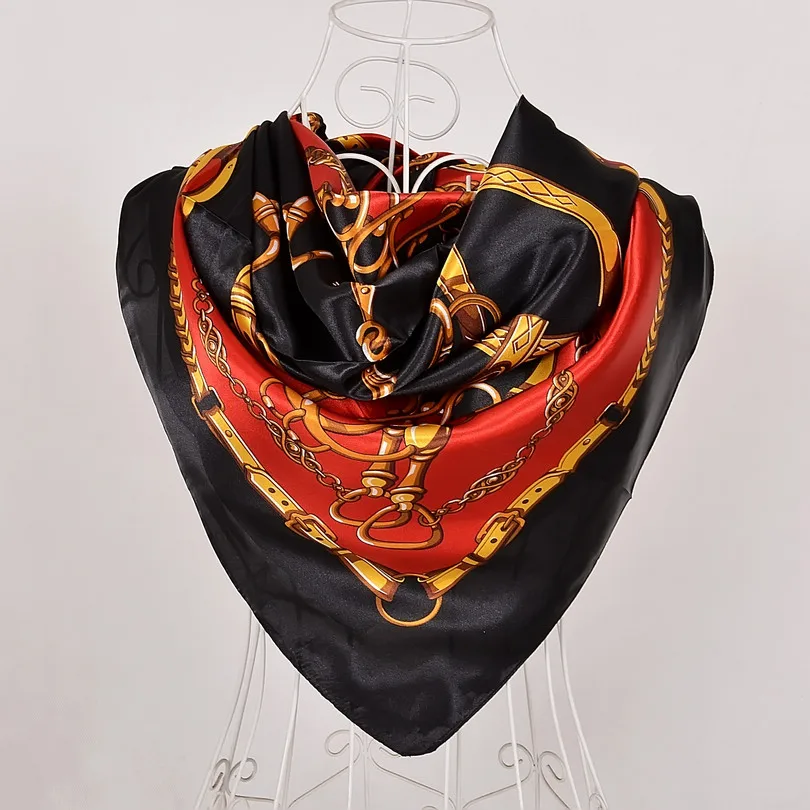black red 69 Весна и осень женский атласный шарф, большой квадратный шарф с принтом, женский шарф, фиолетовый полиэстеровый шелковый шарф, шаль 90*90 см - Цвет: black red 69