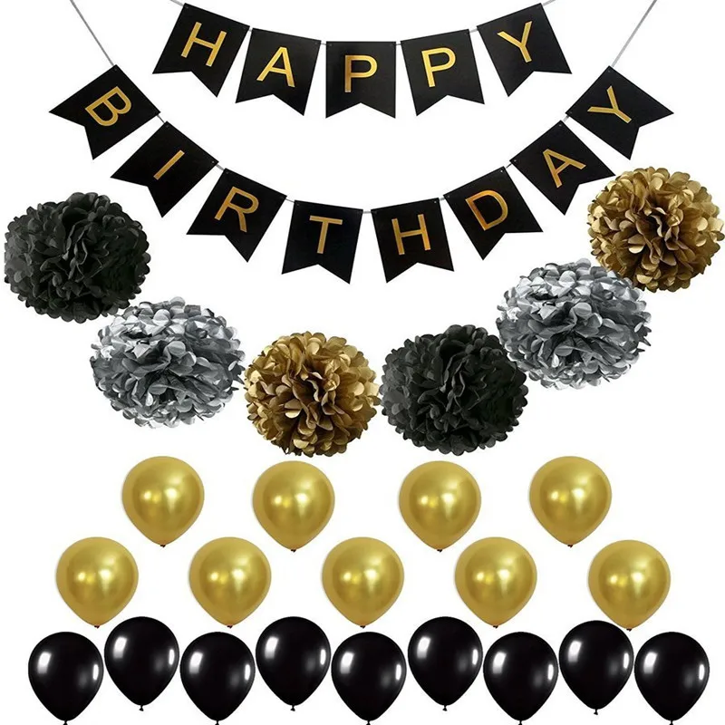 

Black Fish Tail Flag Paper Flower Balloon Golden Black Background Wall Decoration Wedding Birthday Party Decoration