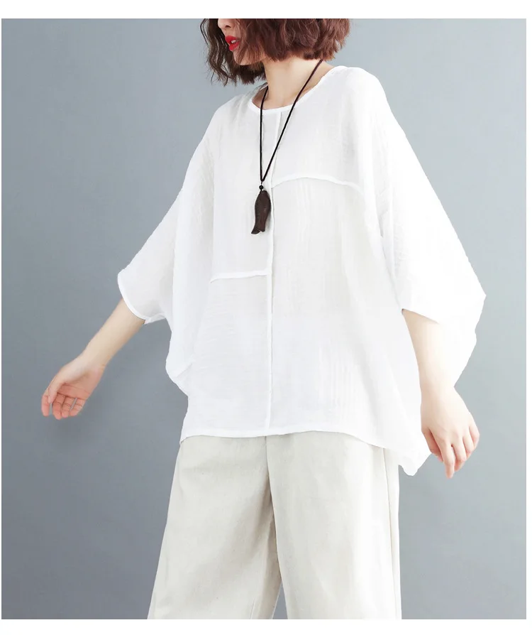 LZJN Summer Women Fashion Shirt Solid White Black Color Oversize Loose Tops Batwing Sleeve Casual Cotton Linen Blouse Plus Size (13)