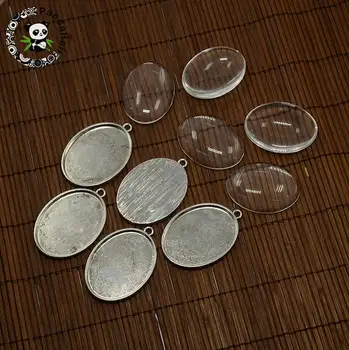 

40x30mm Clear Oval Glass Cabochon Cover and Antique Silver Alloy Blank Pendant Cabochon Settings for DIY Portrait Pendant