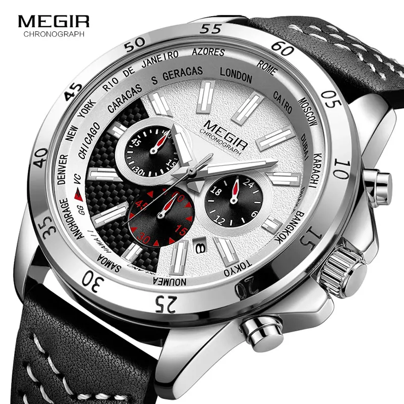 

2019 New MEGIR Men's Leather Strap Army Sports Watches Waterproof Chronograph Quartz Wristwatch Man Relogios Masculino Clock