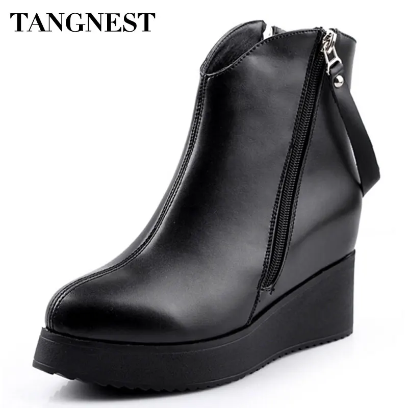 

Tangnest 2018 Spring New Women's Ankle Boot PU Leather Increased Height Fashion Boots Pointed Toe Wedges Shoes For Women XWX2668