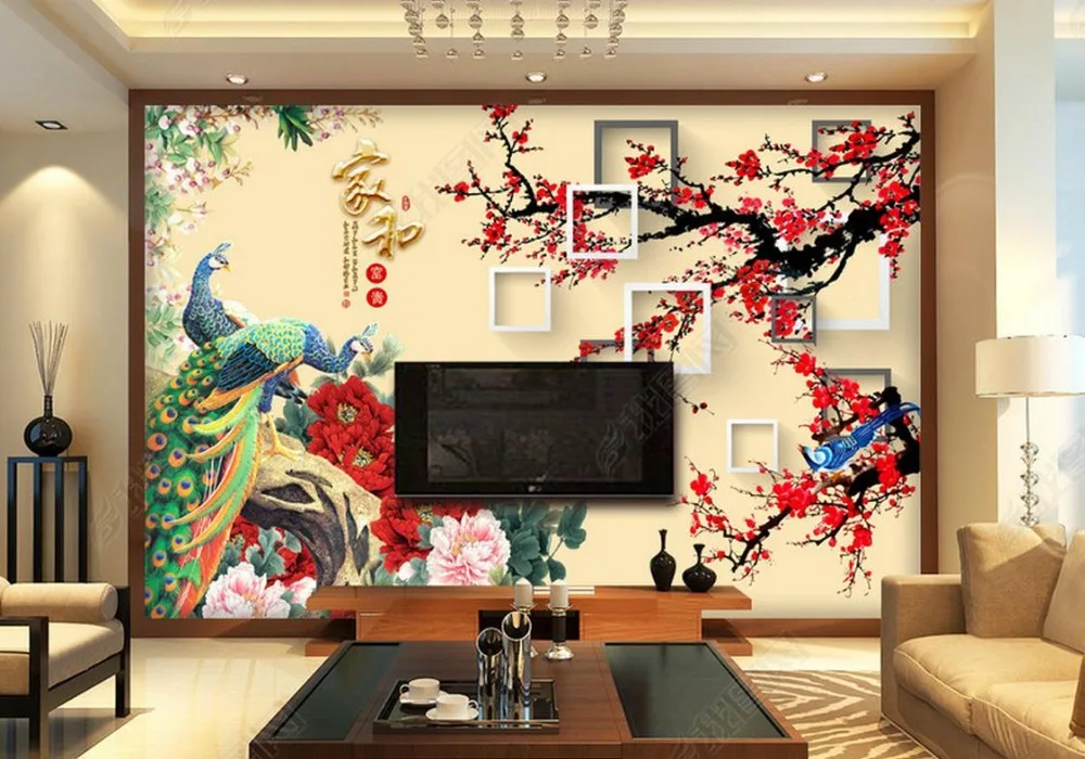 

3d stereoscopic mural wallpaper Custom wallpaper-3d Plum Peacock TV background wall wallpaper for living room