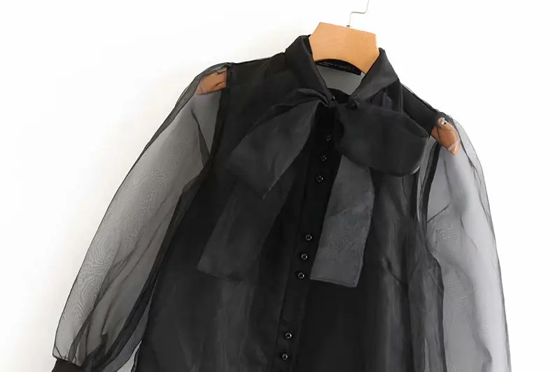  Women Vintage Sexy Transparent Bow Tied Collar Casual Black Organza Blouse Shirt Women Business Fem