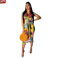 Облегающее облегающее длинное платье для женщин, летнее платье с коротким рукавом и принтом в виде листьев, облегающее платье миди
