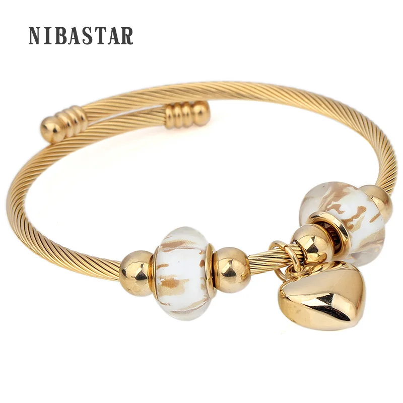 

Two Colors Stainless Steel Heart Charm Pattern European Murano Glass Glass Cross Twisted Cable Wire Bracelets bangles For Women