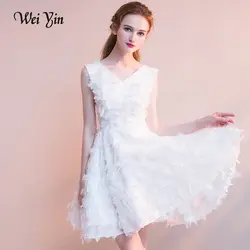 WEIYIN модные белые короткие платья выпускного вечера линия V шеи молния назад маленький вечерние мини-платье Короткие вечерние платье