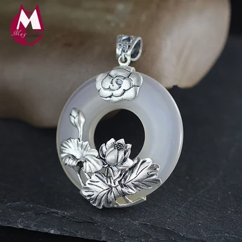 

Pendant Women Fine Plant Natural Stone Chalcedony Jade Pendant Silver 925 Jewelry Vintage Thai Silver Lotus Leaves Flower SP23