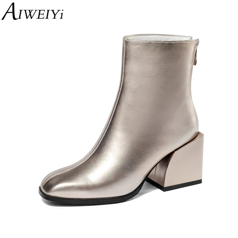 

AIWEIYi Women Boots Sexy High Heels Ankle Boots For Women Genuine Leather Fur Warm Boots Autumn Winter Shoes Gold Silver Boots