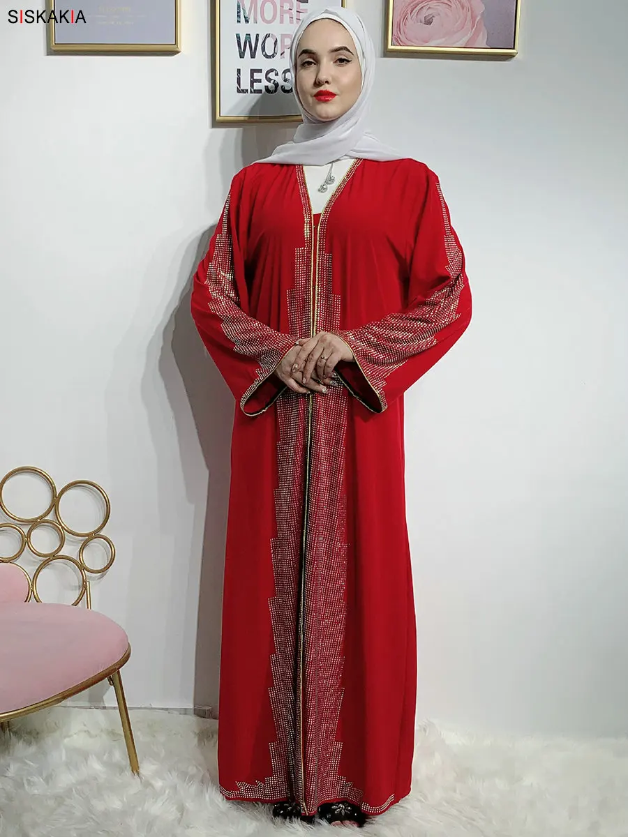 Siskakia/модный мусульманский кардиган abaya, Роскошное однотонное платье в стиле пэчворк со стразами, платье в восточном стиле, Ближний Восток