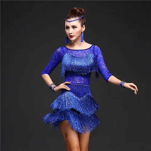 Latin Dance Dresses Women/Girls Sexy Sequin Fringe Skirt Ballroom/Tango/Salsa/Rumba/Latin Dresses Clothes For Sale Blue Long Sleeve