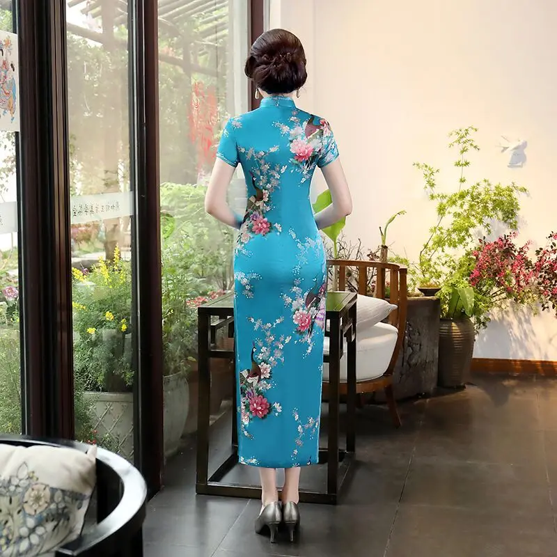 Фиолетовое Женское длинное платье размера плюс 4XL 5XL 6XL Cheongsam в традиционном китайском стиле, элегантное тонкое летнее платье из вискозы Qipao vestidos