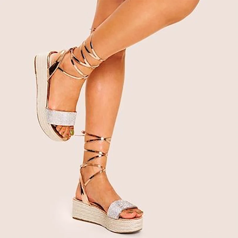 

Wedges Sandals Women Summer New Arrivals Open Toe Crystal Rhinestone Fashion Hemp Thick Mid Heels Sandals Cross Bandage Lace Up