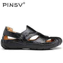 PINSV кожаные сандалии мужская обувь уличные летние сандалии для мужчин обувь черные пляжные сандалии для мужчин водонепроницаемая обувь Большие размеры 38-46