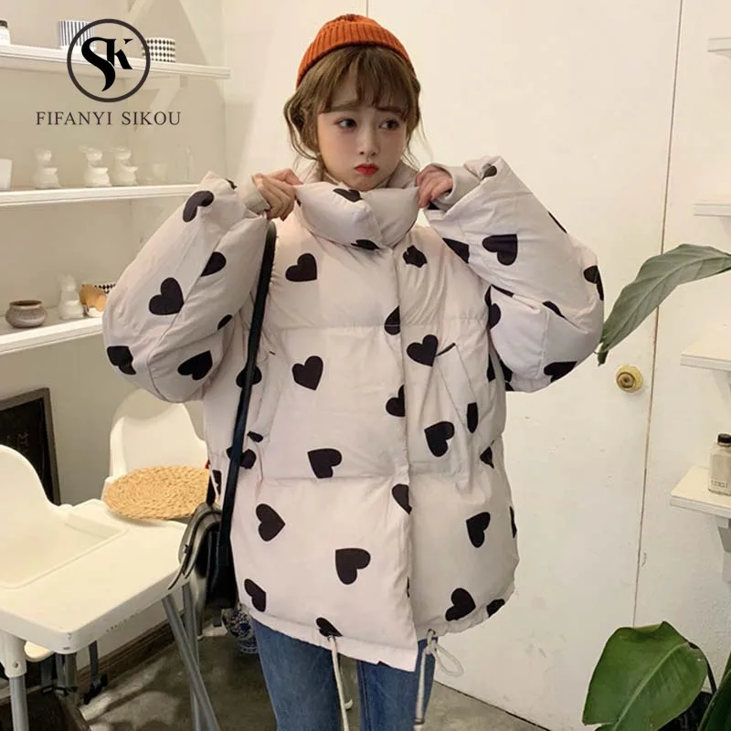 

Winter jacket women Fashion Single Breasted Cute Print Cotton wadded jacket womens Short Cotton Coat warm Parkas Loose Outerwear