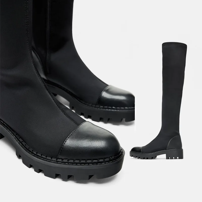 Otoño Patchwork De Chaussure Alta Nueva Negro Elasticidad la Mujer Calzado Mucho Dama Botas Marca Zapatos Rodilla w4d00qI