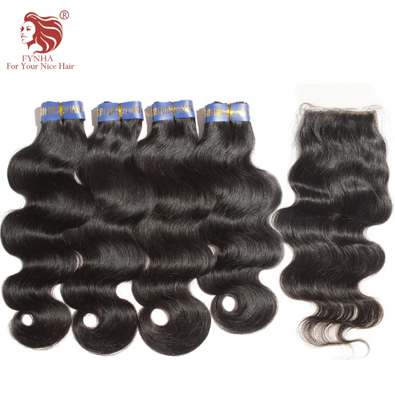Brazilian weave bundles hair Weft 4 Bundles and 1pcs silk base closure