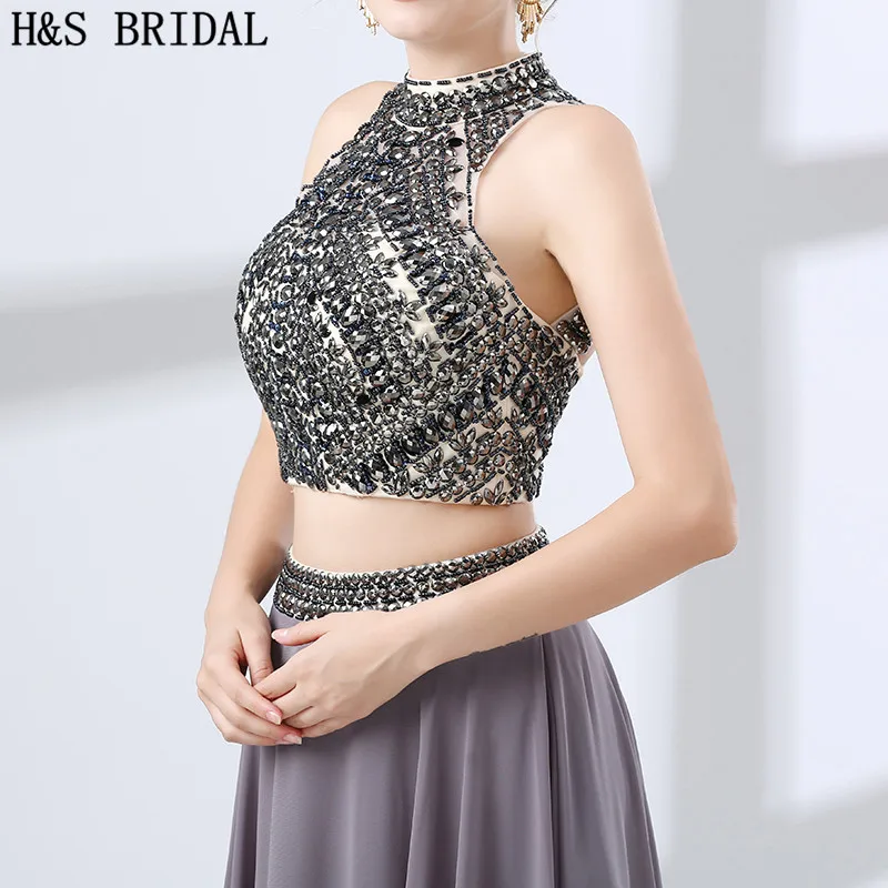 formal dresses & gowns H&S BRIDAL Two pieces Evening Dress Crystal Beading Chiffon evening-dresses Backless evening gowns for women vestido de festa evening wear