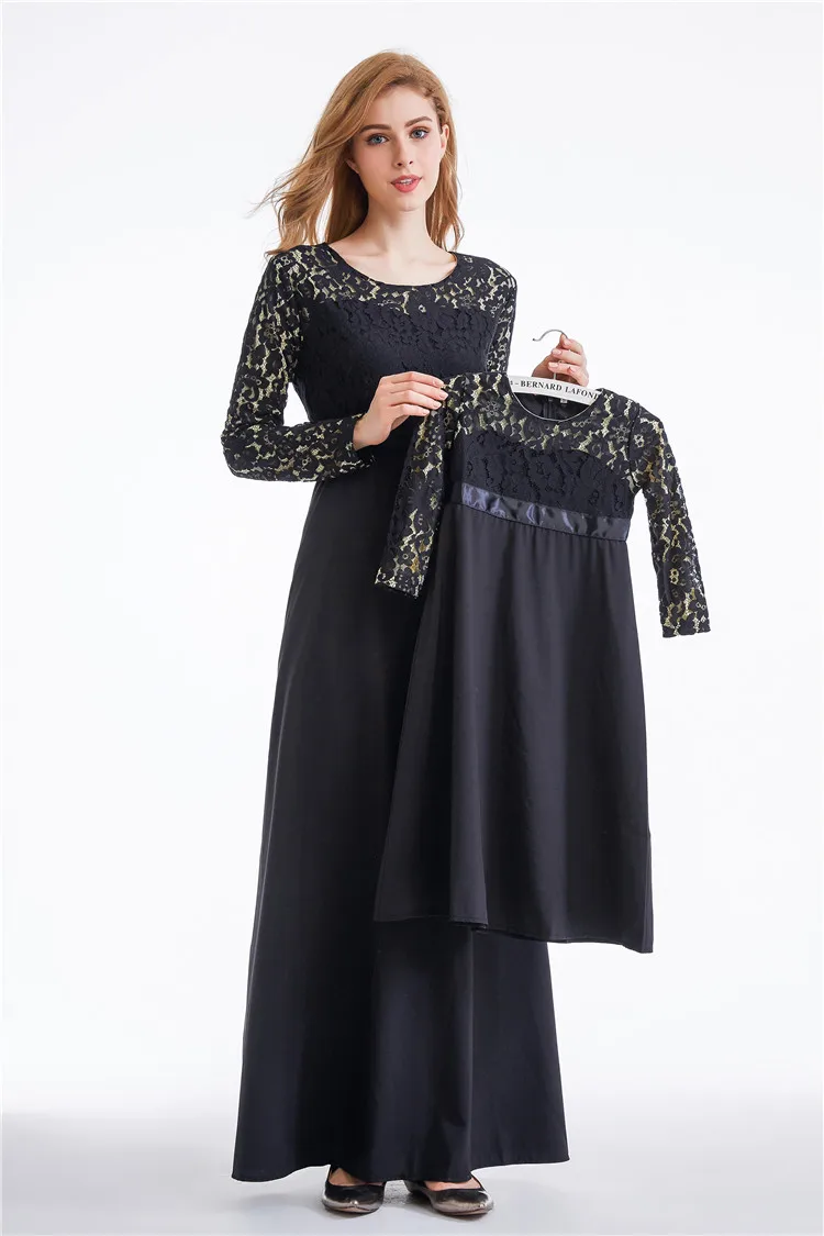 Элегантная мусульманская кружевная Абая Макси-платье для мамы и детей длинный халат для девочек Детский кардиган кимоно Jubah Ramadan Арабская Исламская одежда
