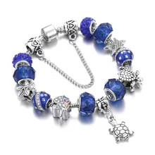 Серебряные браслеты с подвеской в виде сердца, брелок в виде короны, цепочка в виде змеи, синие Кристальные бусины, сделай сам, браслет дружбы, ювелирный женский браслет