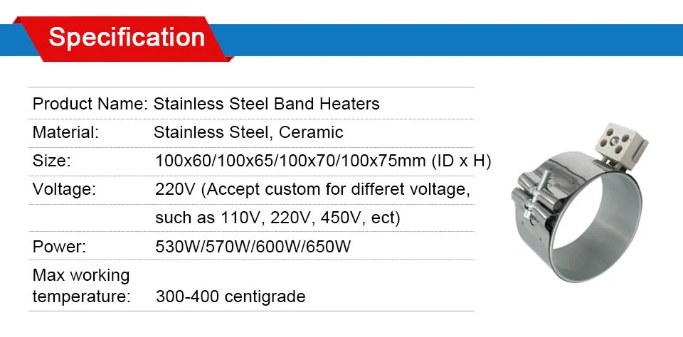 LJXH 530 W/570 W/600 W/650 W Керамический ленточный нагреватель Нержавеющая сталь AC220V 100x60 мм/100x65 мм/100x70 мм/100x75 мм для Пластик техники