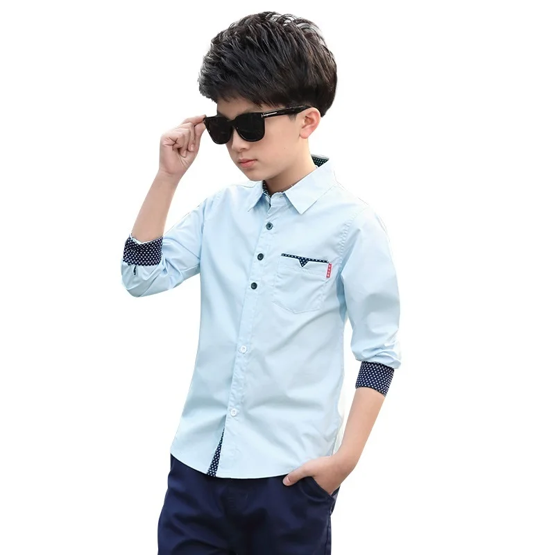 Детская одежда; весенне-осенние хлопковые блузки для мальчиков; Детская рубашка с длинными рукавами для мальчиков; детская модная рубашка; От 5 до 15 лет с отложным воротником - Цвет: Sky Blue