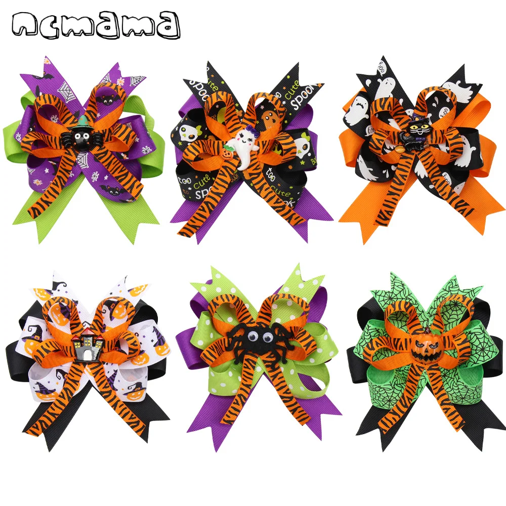 

6Pcs/lot Halloween Ribbon Hair Bows for Girls Handmade 4.5'' Pumpkin Spider Print Bowknot Hairgrips Party Kids Hair Accessories