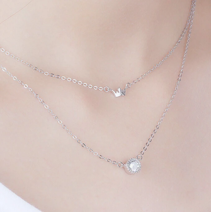 Rhinestones 925 Sterling Silver Crown Double Layer Chain Necklace For