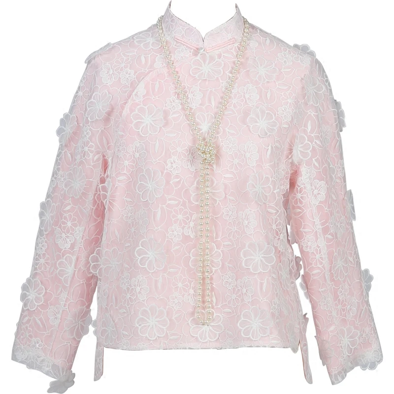 Видеть Оранжевый Ручная настройка сладкий розовый Кружево Florals шерстяные Cheongsam Винтаж куртка Топы корректирующие so3319
