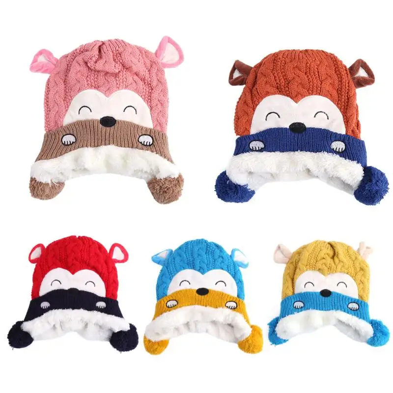 

1pc Autumn Winter Baby Cartoon Monkey Wool Hat Child knitted Hat Warm Fleece Ear Protection Cap for Baby Toddlers