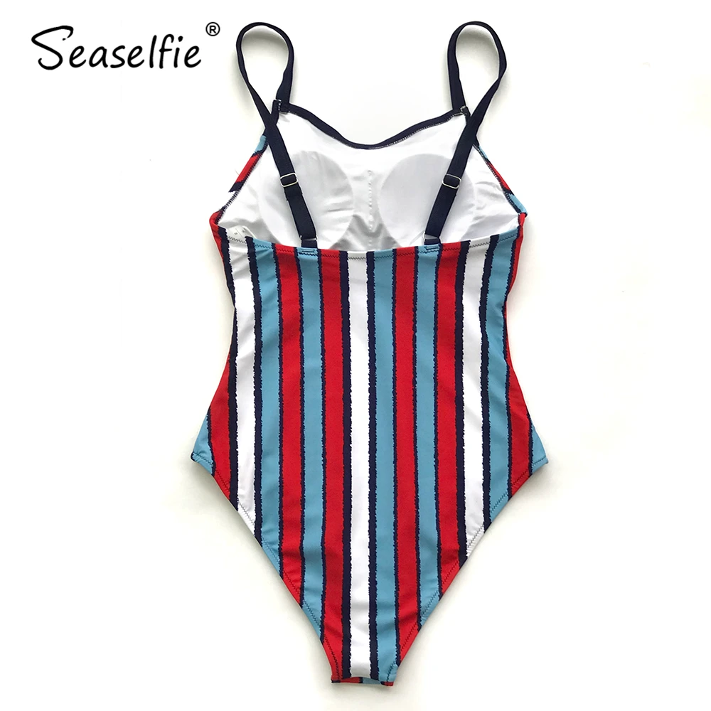 Seasuelfie синий и красный полосатый Цельный купальник женский тонкий Монокини