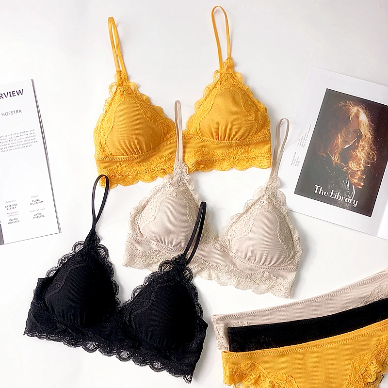 

Wriufred Sexy Ultra-thin Women Lingerie Set Lace Ribbed Cotton Push Up Top Bra Pants Set Bralette Triangle Soft Bra & Brief Sets
