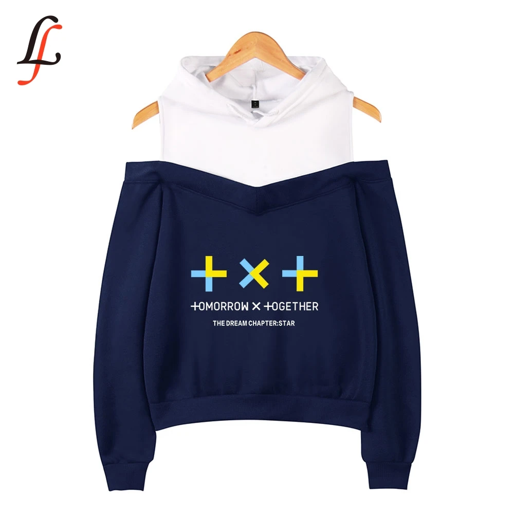 Lecky Shoulder толстовки слинг Толстовка для женщин TXT tomorrow together Толстовка с принтом Kpop Топы Повседневная Уличная одежда спортивный костюм