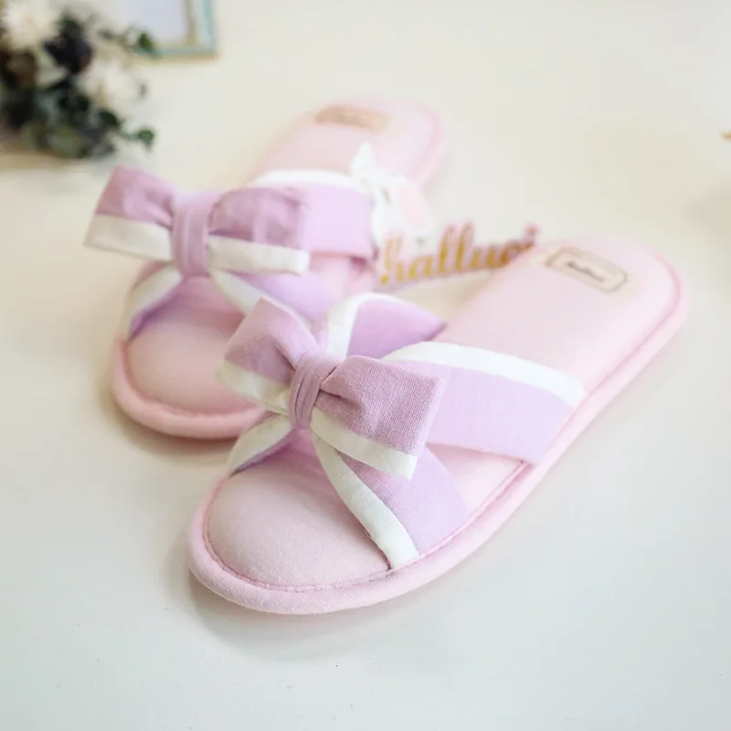 Розовые хлопковые домашние тапочки с милым бантом Женская обувь в стиле