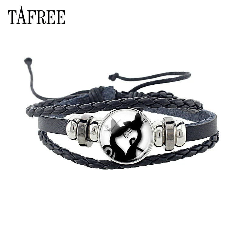 

TAFREE Lovely Cat Painting Jewelry Women Black Multilayer Leather Bracelet Glass Dome Fashion Animal Accessories Men Gift ns634
