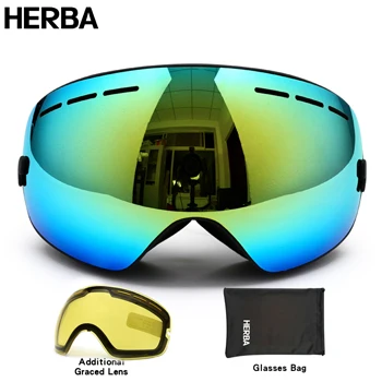 Новинка, HERBA, брендовые лыжные очки, двойные, UV400, анти-туман, большая Лыжная маска, очки для катания на лыжах, для мужчин и женщин, очки для сноуборда, HB3-2 - Цвет: Black Frame Gold