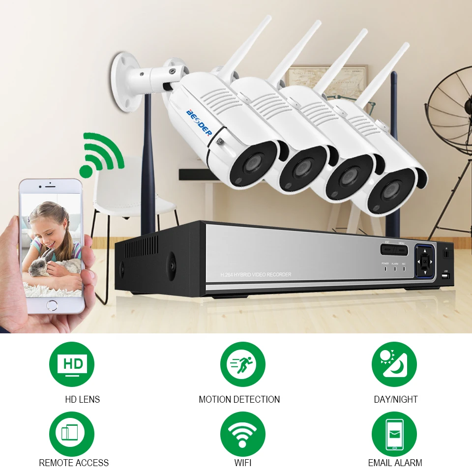 Besder 4CH Wifi CCTV система HD 720 P/960 P Дополнительный комплект видеонаблюдения XMEye P2P Металлический Чехол Водонепроницаемая беспроводная камера беспроводное наблюдение