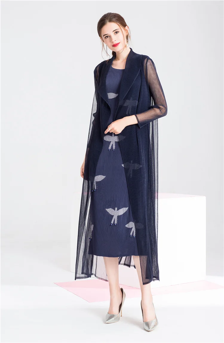 Miyake fold осенний комплект из двух предметов с бронзовым узором, плиссированная сетчатая ветровка с тремя четвертями+ большое Свободное платье с паетками