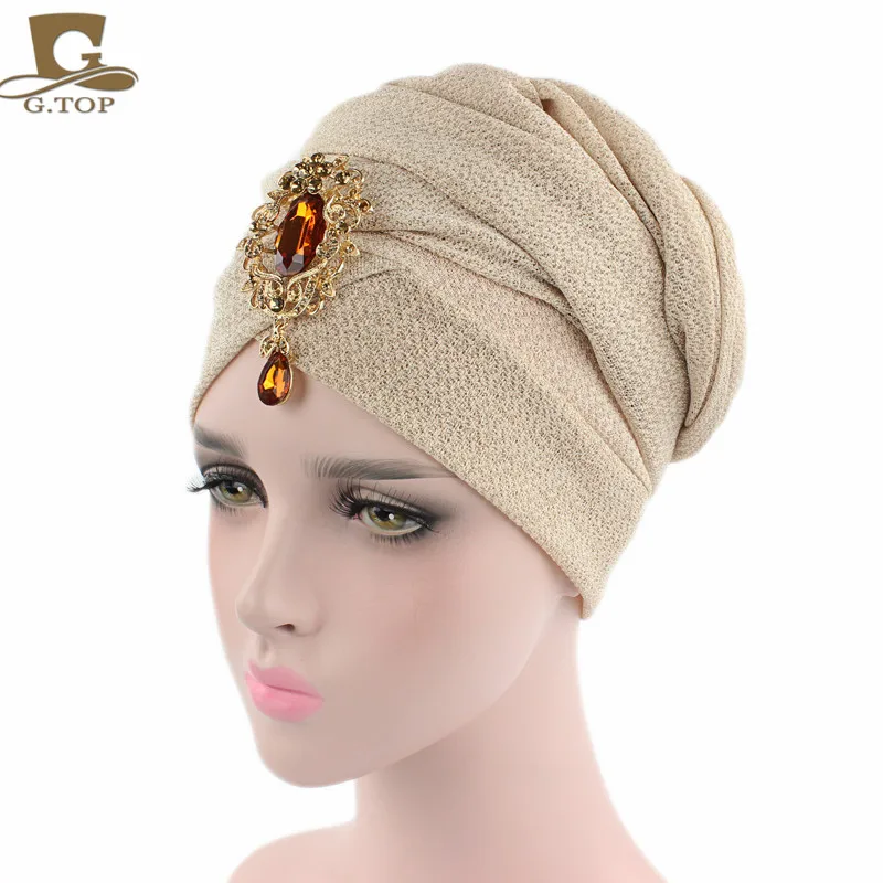 Новая Роскошная золотая бриллиантовая брошь тюрбан дышащая сетка мерцающий длинный шарф головной убор женский хиджаб трубчатый головной шарф женский тюрбан - Цвет: BEIGE