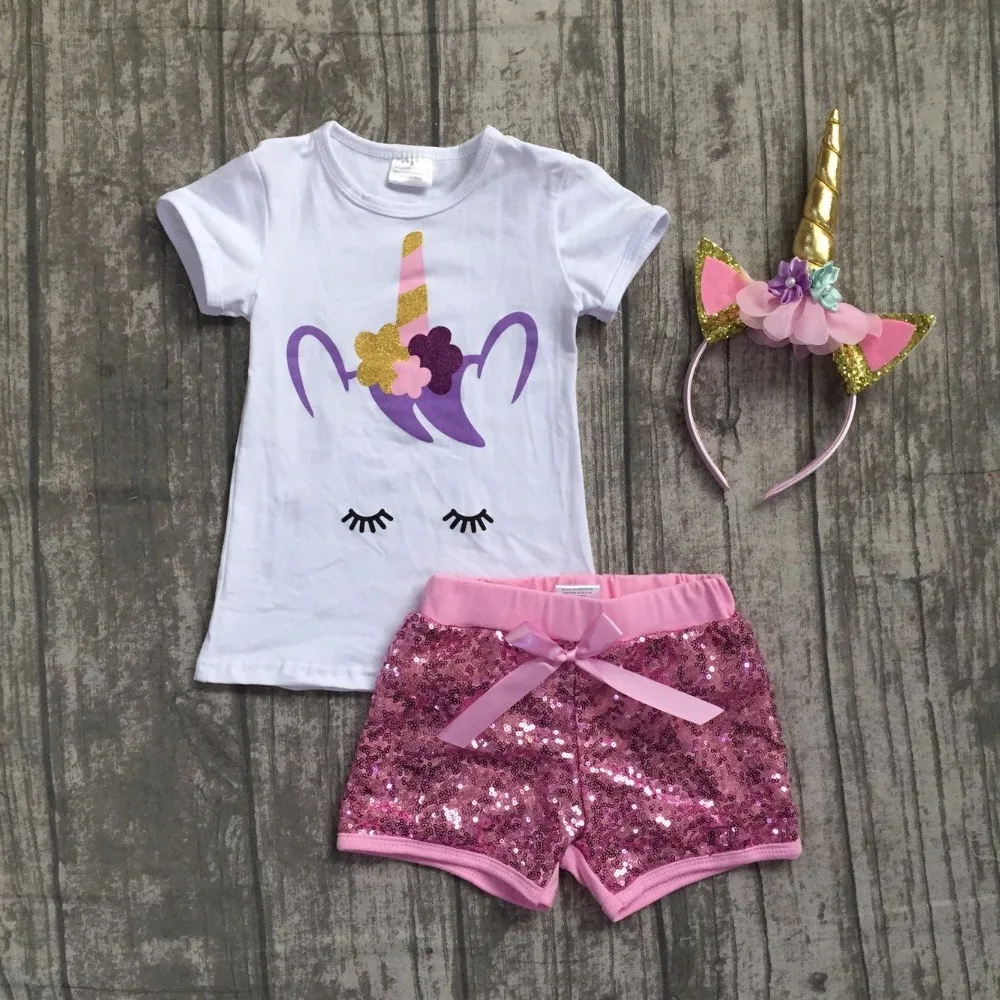 2018 new arrival pink lavender unicorn short set light pink sequins with bow shoet short sleeves unicorn shirt with matching bow